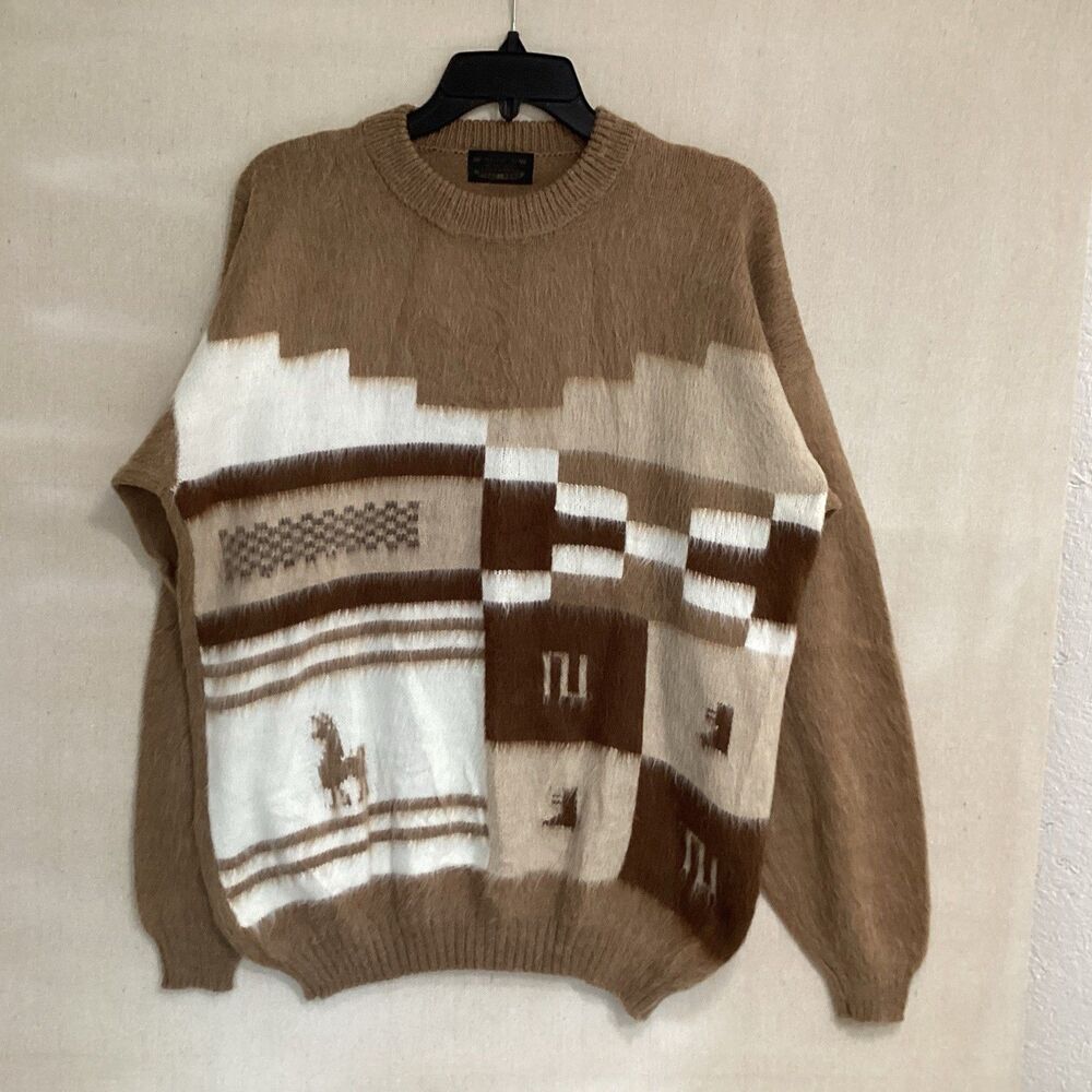 inti rak cay 100% baby alpaca sweater sz L brown horse
